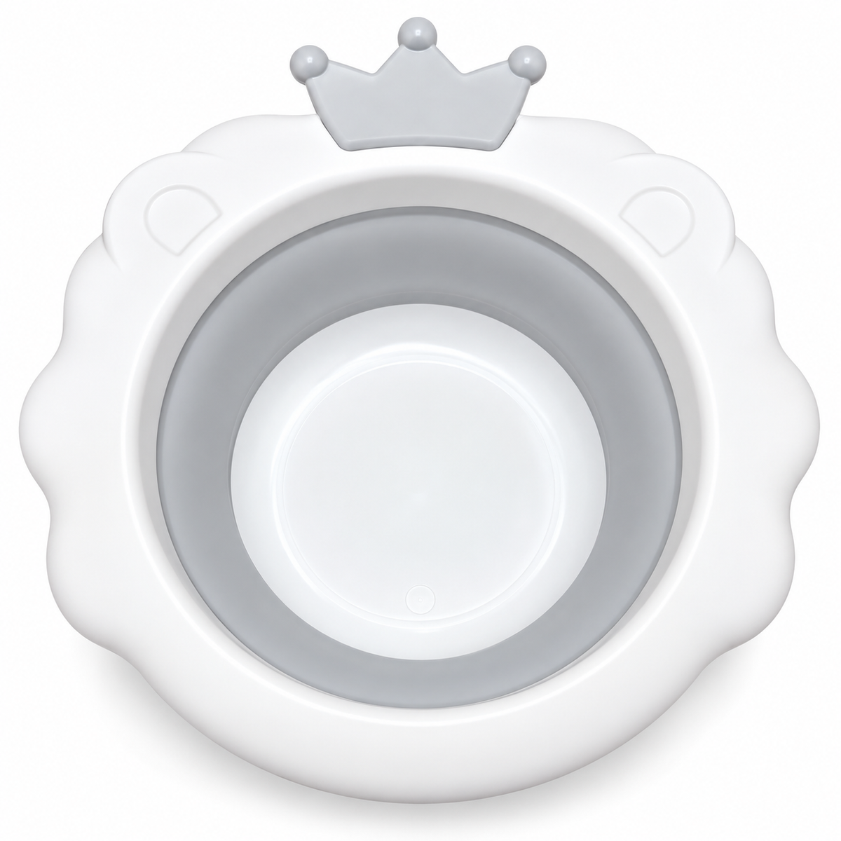 A white and gray collapsible baby bowl with a crown-shaped rim detail, shown on a clean white background.