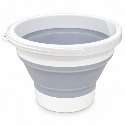 A collapsible silicone water bucket with a white outer rim and base, and a gray collapsible middle section, shown on a white background.