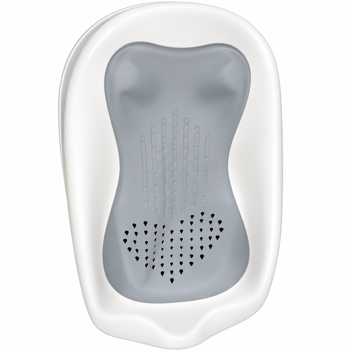 A baby bath seat insert with a white outer frame and a gray inner cushion featuring textured grip ridges and drainage holes, shown on a plain white background.