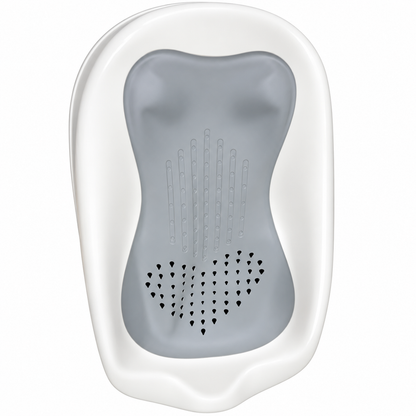 A baby bath seat insert with a white outer frame and a gray inner cushion featuring textured grip ridges and drainage holes, shown on a plain white background.