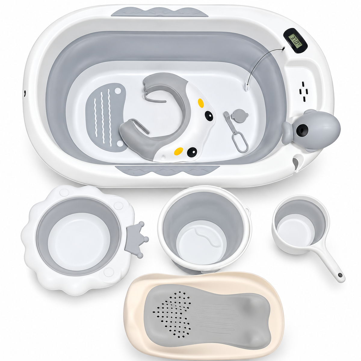 A baby bath tub set with a white and gray collapsible tub, matching accessories including a foot cradle, cup, scoop, and bath mat, arranged on a plain white background.