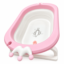 Pink and white baby bathtub with a crown-shaped white handle and pink ball accents, shown on a clean white background.