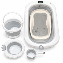 A baby bath set with a foldable bathtub, matching bucket, scoop, and lid, shown on a clean white background.