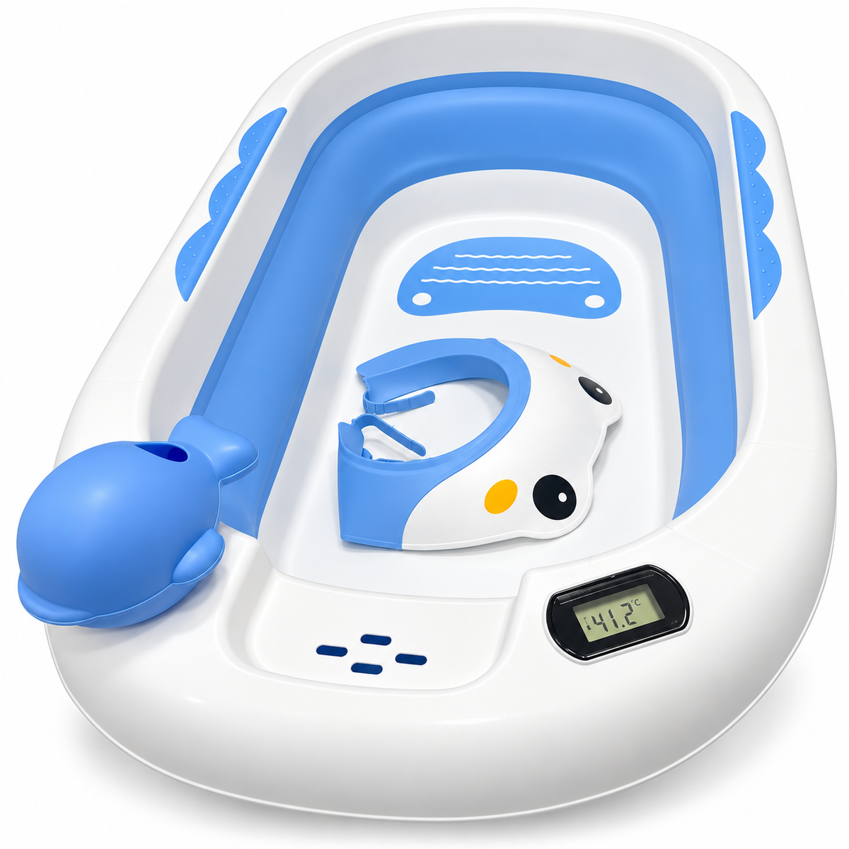 A baby bathtub with a fold-down design, featuring a white exterior, blue interior, a blue whale-shaped drain, a built-in digital temperature display, and a small fish-shaped footrest.