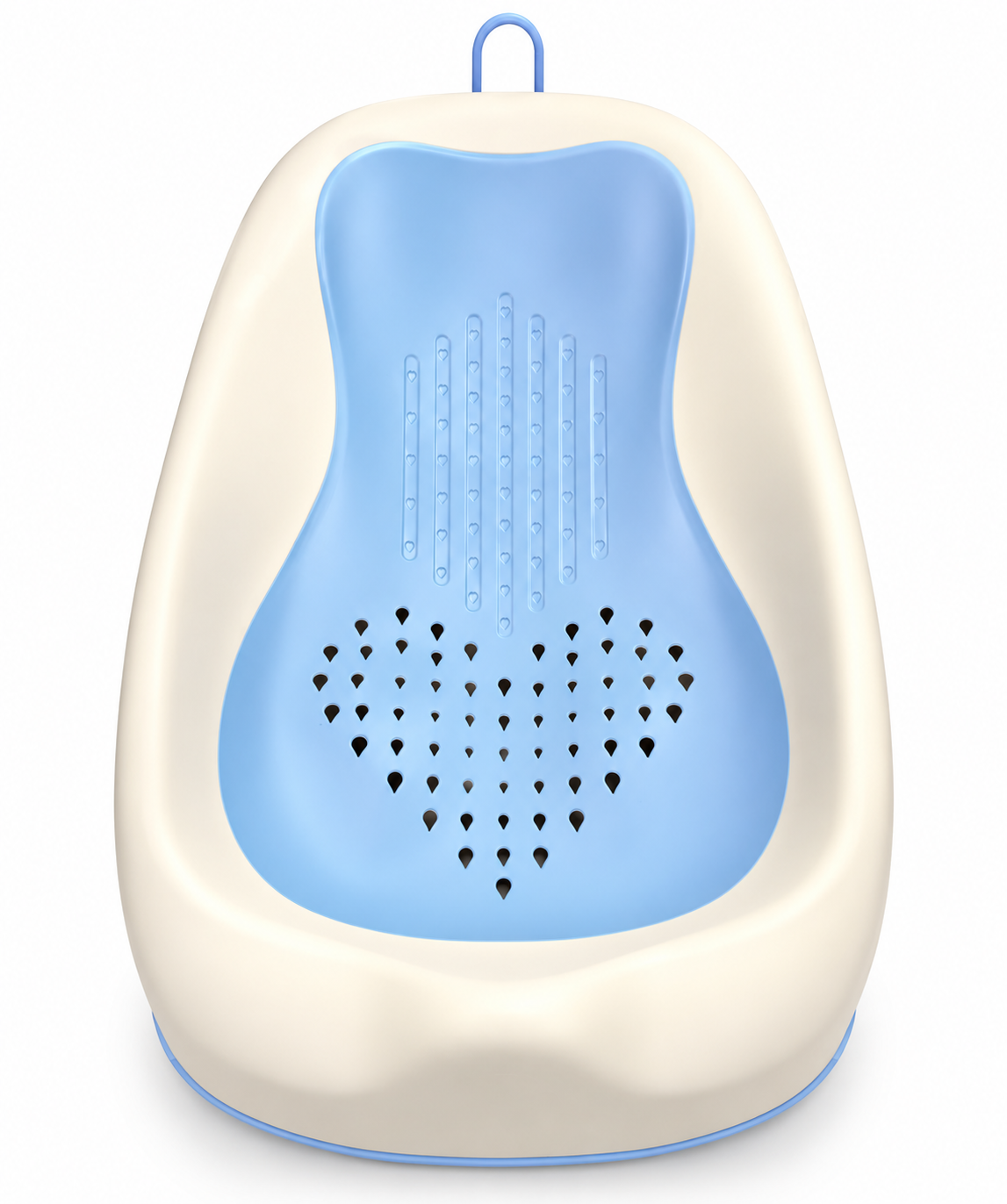 A baby bathtub with a cream-colored exterior and a light blue interior, featuring a heart-shaped pattern of small black cutouts on the back panel and a blue hanging loop at the top.