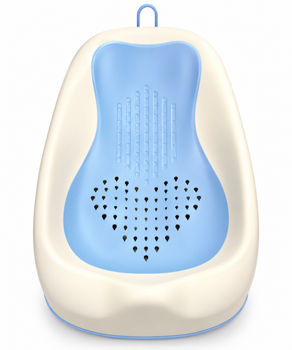 A baby bathtub with a cream-colored exterior and a light blue interior, featuring a heart-shaped pattern of small black cutouts on the back panel and a blue hanging loop at the top.