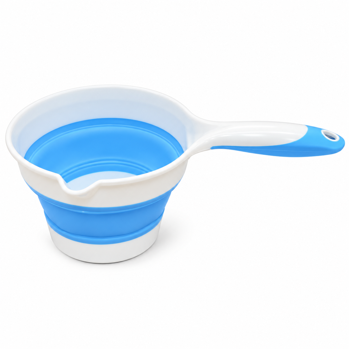 A collapsible silicone measuring cup with a blue interior and white exterior, featuring a blue and white handle, shown on a clean white background.
