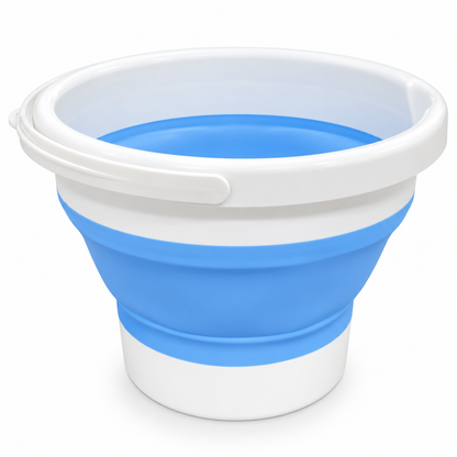 A collapsible plastic bucket with a white rim and base, and a blue silicone-like expandable body, shown on a clean white background.