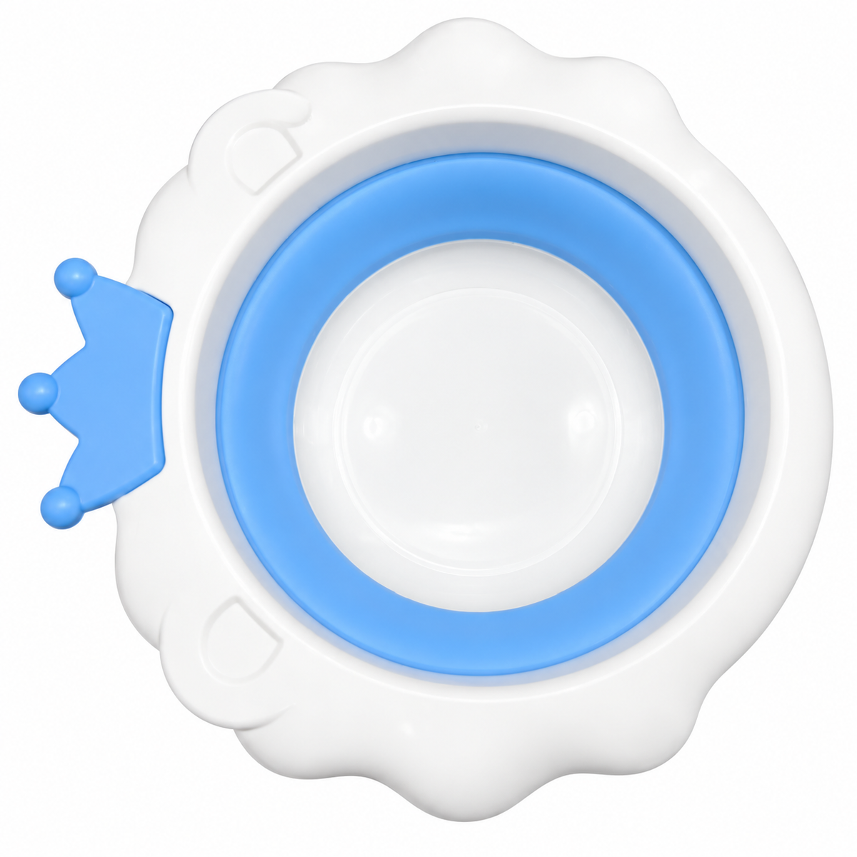 A white silicone baby feeding bowl with a blue inner ring and a small blue crown-shaped tab on the left side, shown on a plain white background.