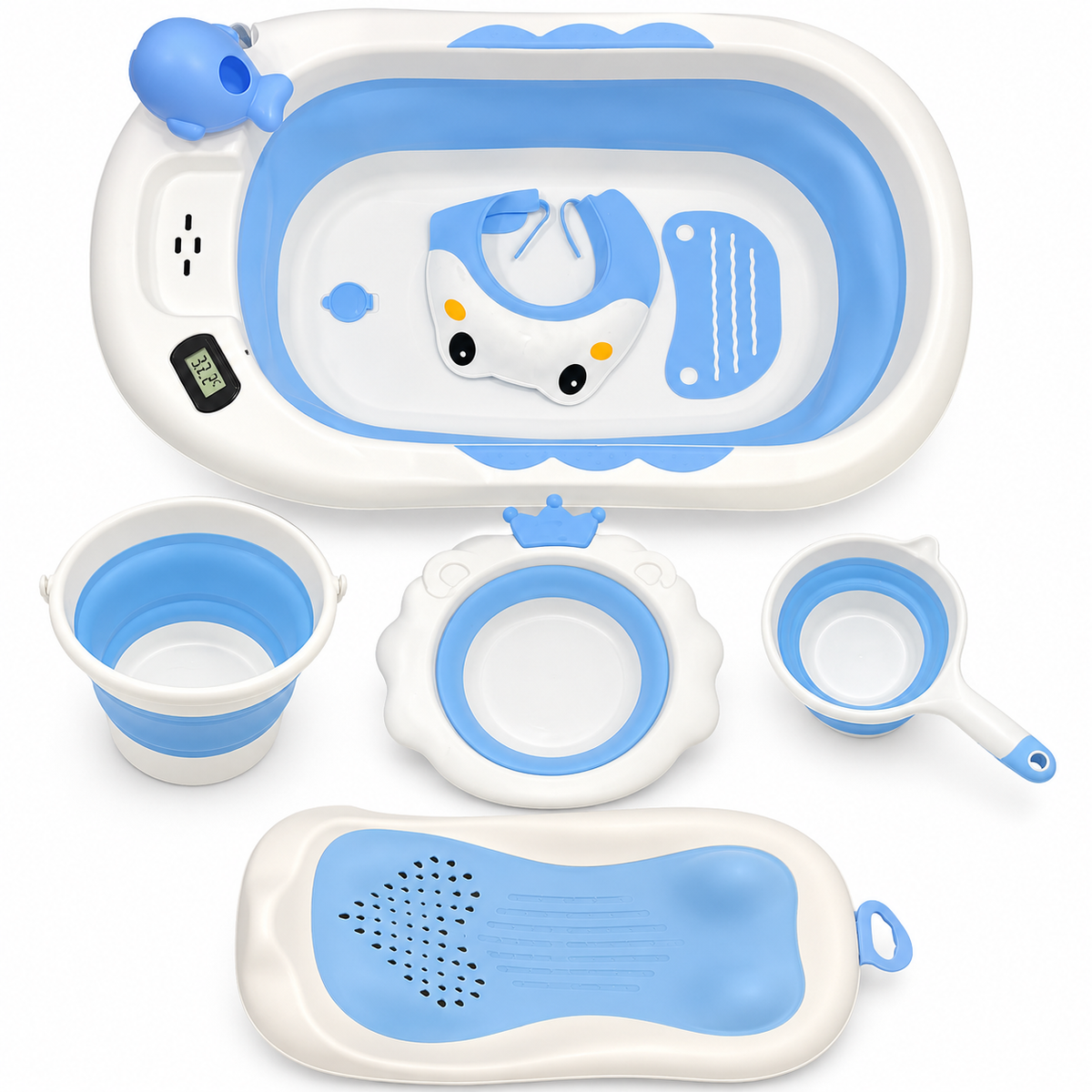 A baby bath set with a white and blue collapsible bathtub, matching bucket, strainer, and foot cradle, shown on a clean white background.