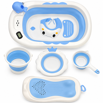 A baby bath set with a white and blue collapsible bathtub, matching bucket, strainer, and foot cradle, shown on a clean white background.