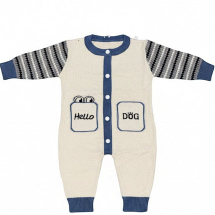 Cream & Blue Knitted Baby Romper with Patterned Sleeves – Hello Dog Design