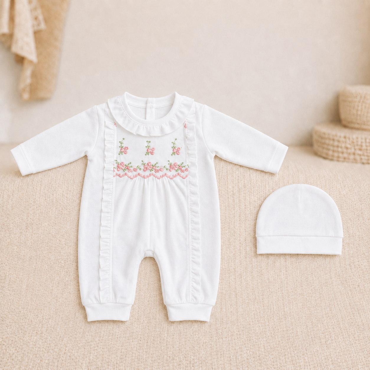 Floral Embroidered Early-Winter Romper Set with Cap – White