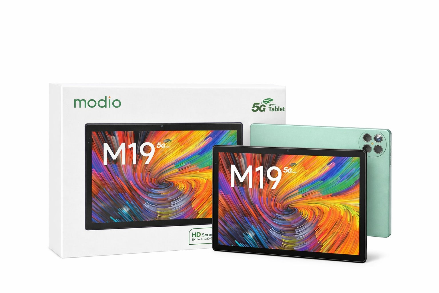 Modio Tablet Features Modio M19 5G WiFi Tablet – 10.1” HD Screen, Dual Camera, Sleek Green D ...