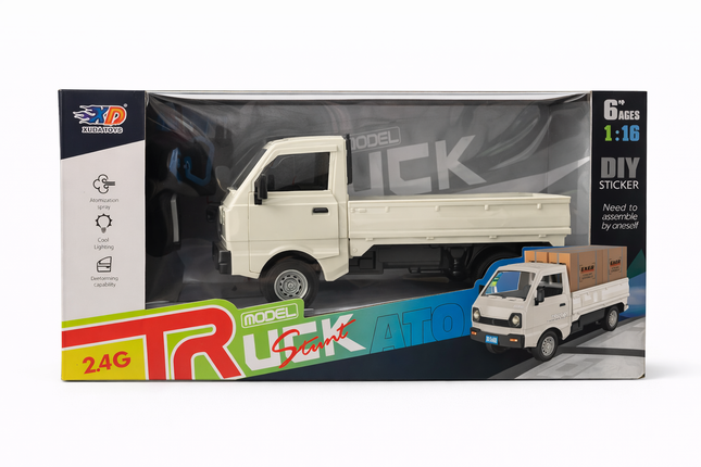 1:16 RC Model Truck (2.4G) – DIY Sticker Edition with Lights & Spray Effect (6+ Ages)