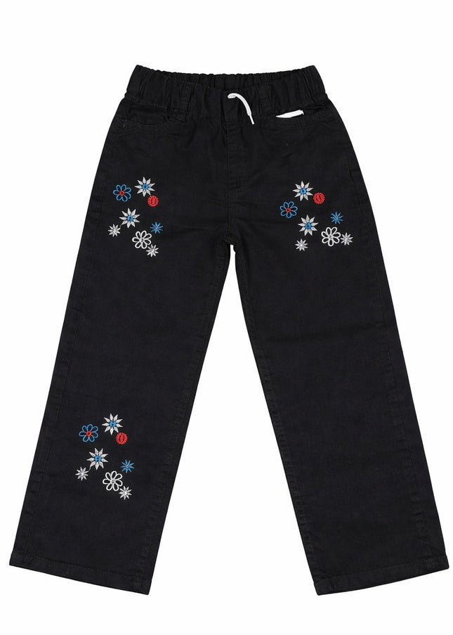 Girls Black Straight Pants – Floral Embroidered with Elastic Waist & Drawstring