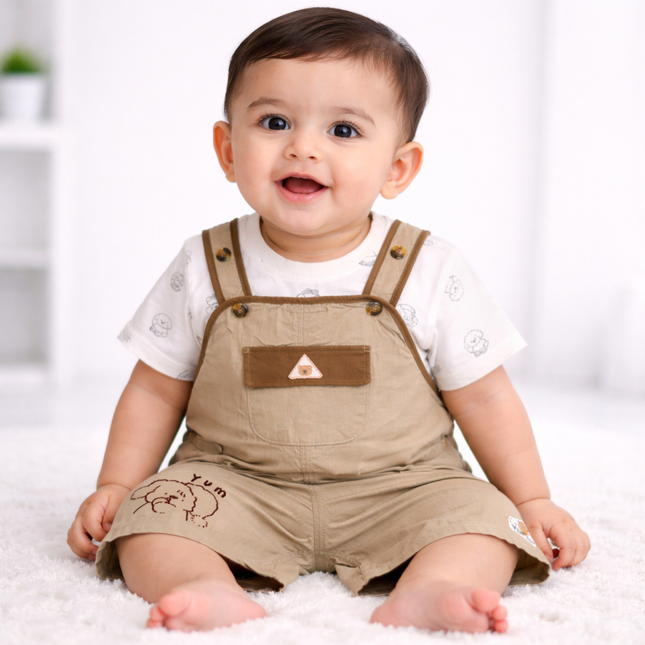 Cute Bear Dungaree Baby Boy 2-Piece Outfit Set (T-Shirt & Short Overalls)
