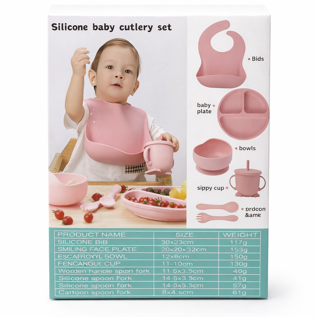 Premium Silicone Baby Feeding Set – Complete Cutlery Kit (Bib, Plate, Bowl, Cup, Spoon & Fork)