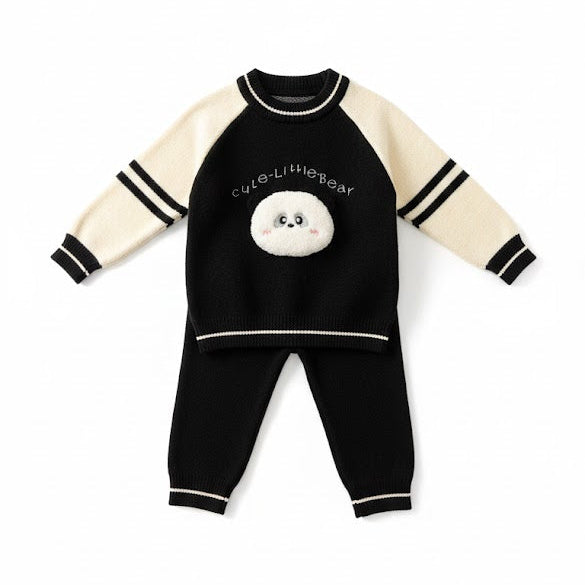 Cute Little Bear Knitted Winter Suit – Black & Cream (2-Piece Set)