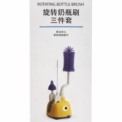 Rotating Baby Bottle Cleaning Brush Set – 3-in-1 Silicone Bottle & Nipple Cleaner with Stand