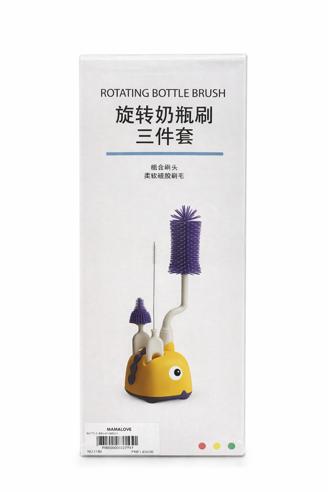 Rotating Baby Bottle Cleaning Brush Set – 3-in-1 Silicone Bottle & Nipple Cleaner with Stand