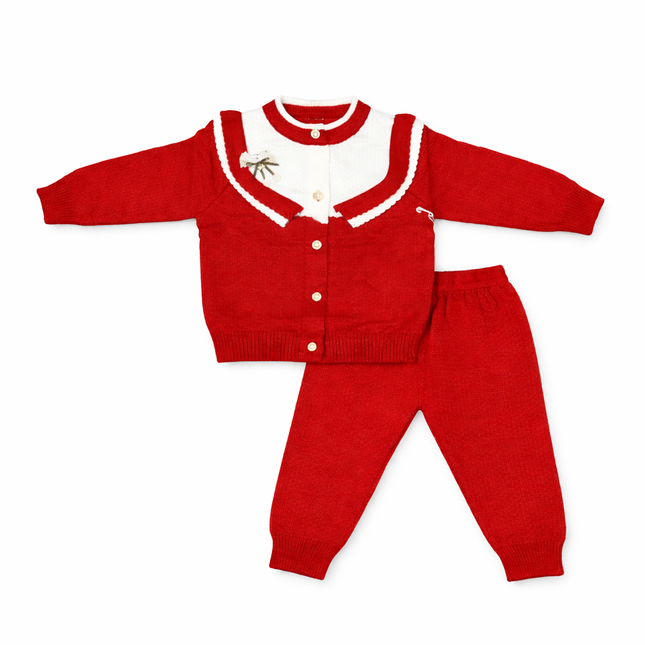 Cozy Knit Baby Outfit Set for 0–6 Months – Red Cardigan & Pants Two-Piece Set