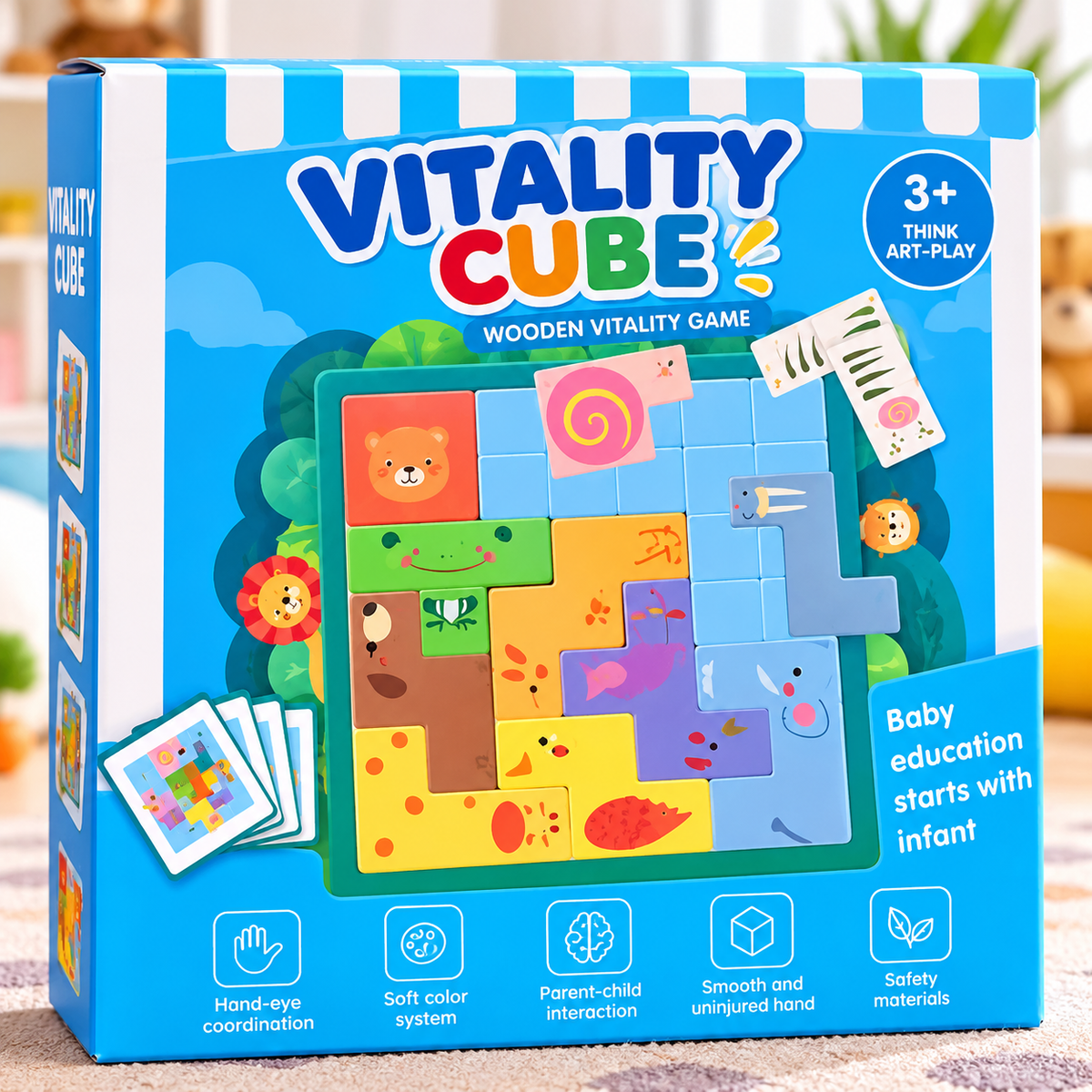 Cube Wooden Puzzle – Colorful Animal Shape Matching & Brain Development