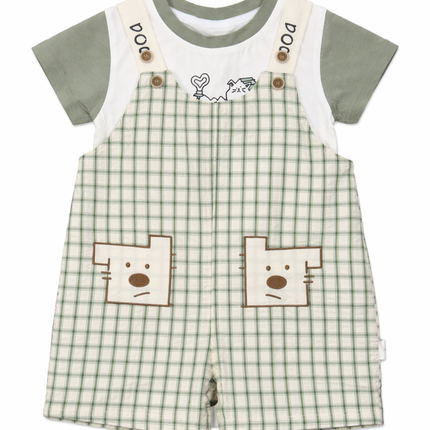 Bear Pocket Check Baby Boy 2-Piece Dungaree Set (T-Shirt & Short Overalls – Light Green)