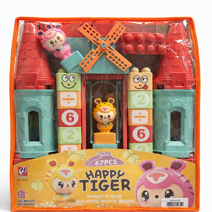 Happy Tiger Wheat Straw Building Blocks Set – 67 Pcs Educational Puzzle Toy with Carry Bag (Ages 3+)