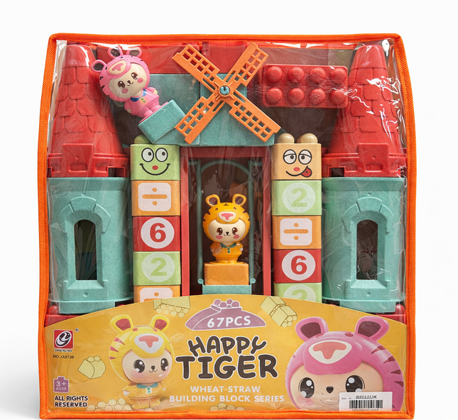 Happy Tiger Wheat Straw Building Blocks Set – 67 Pcs Educational Puzzle Toy with Carry Bag (Ages 3+)