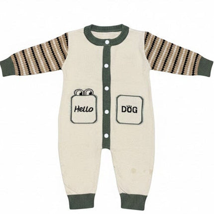 Cream & Green Knitted Baby Romper with Patterned Sleeves – Hello Dog Design