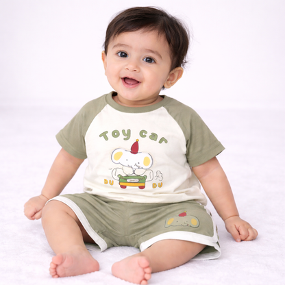 Baby Boy "Toy Car" Elephant Graphic Raglan T-Shirt & Dolphin Shorts 2-Piece Summer Set