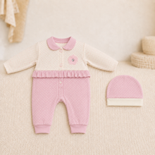 Baby Girls’ Polka-Dot Early-Winter Romper Set with Cap – Pink & White