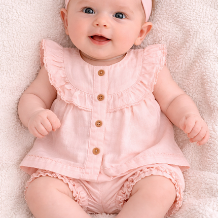 Baby Girl Peach Pink Summer Dress Set with Headband (3-Piece)