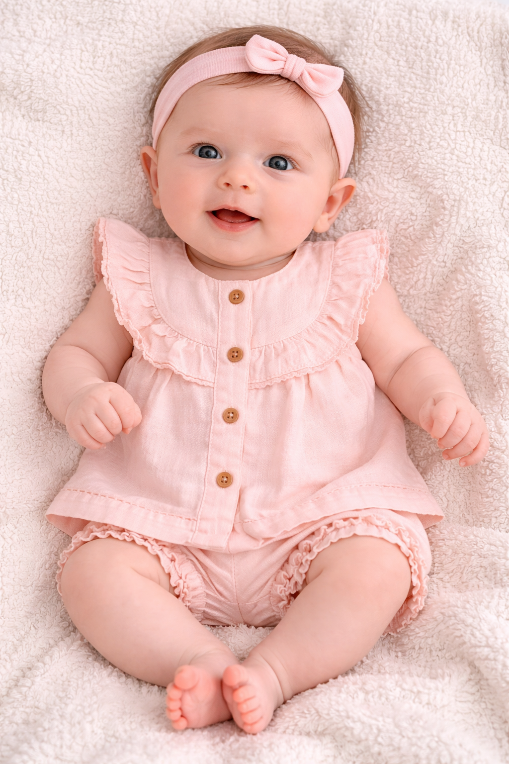 Baby Girl Peach Pink Summer Dress Set with Headband (3-Piece)