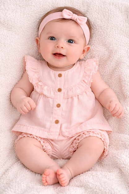 Baby Girl Peach Pink Summer Dress Set with Headband (3-Piece)