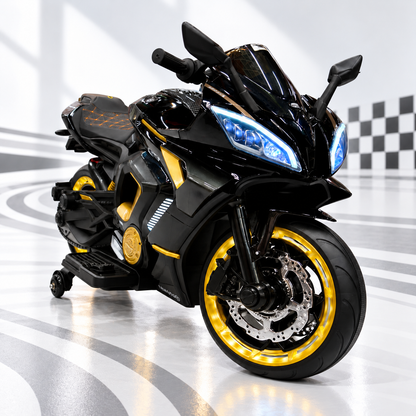 Luxury Kids Electric BIKE 3188 Ride-On Sport Bike with LED Lights & Training Wheels – Black & Gold