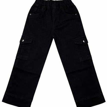 Girls Black Stretch Cargo Pants – Trendy Wide Leg Casual Trousers