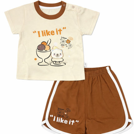 Kids Cotton Summer T-Shirt & Shorts Set – “I Like It” Cartoon Print (Cream & Brown)
