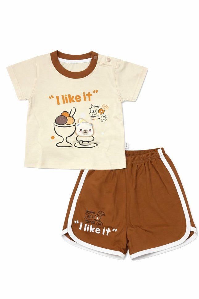 Kids Cotton Summer T-Shirt & Shorts Set – “I Like It” Cartoon Print (Cream & Brown)