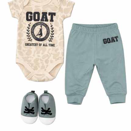 GOAT Baby Boy 3-Piece Outfit Set – Printed Bodysuit, Soft Pants & Sneakers