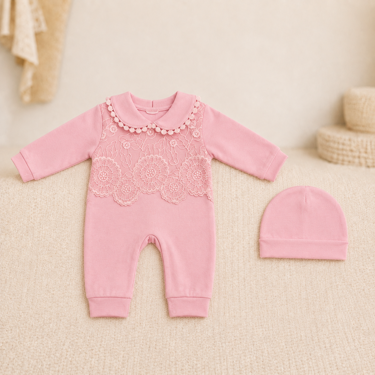 Floral Lace Early-Winter Romper Set with Cap – Dusty Pink