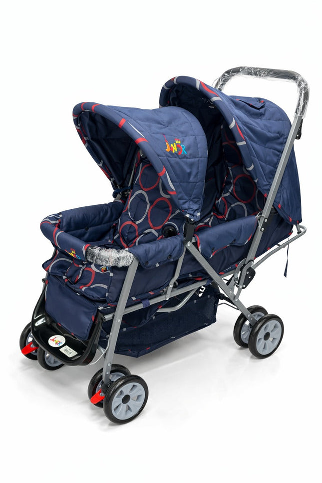 Junior Twin Baby Stroller with Dual Canopies, Cushioned Seats & Easy Fold Design – Navy Blue