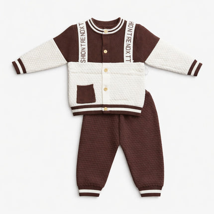 Trendy Knit Baby Outfit Set for 0–12 Months – Brown & Cream Two-Piece Cardigan Set