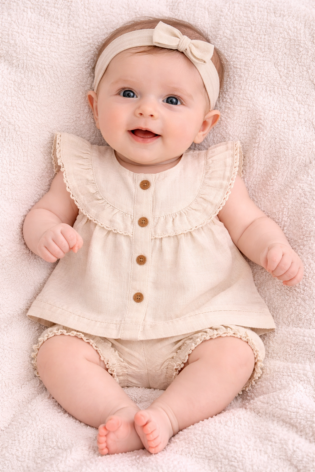 Baby Girl Beige Summer Dress Set with Headband (3-Piece)