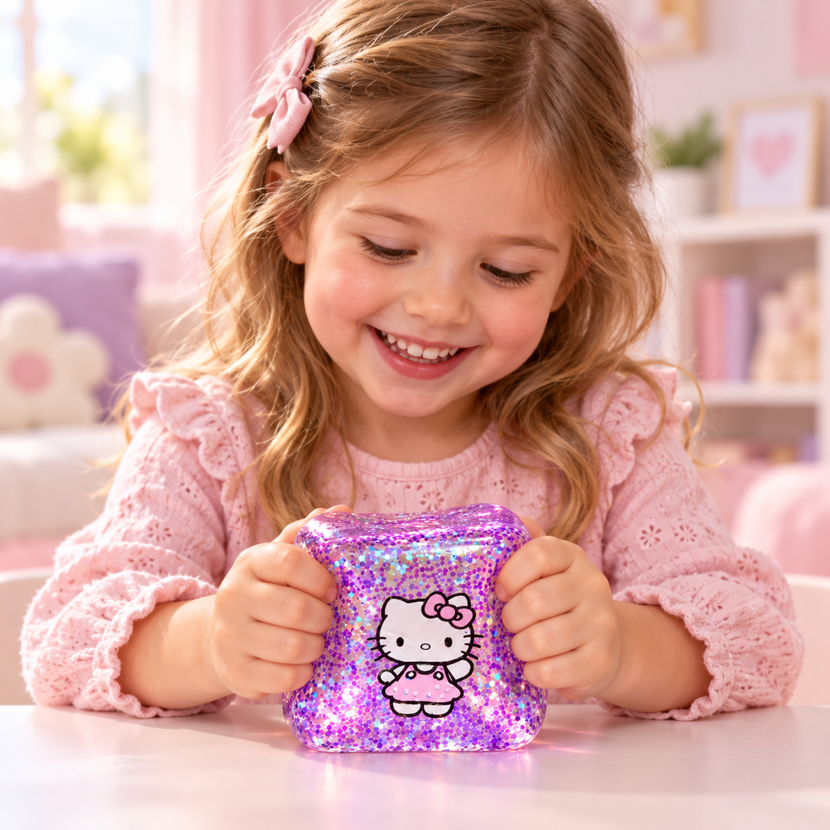 Kitty Glitter Squishy Cube – Purple Sensory Squeeze Toy