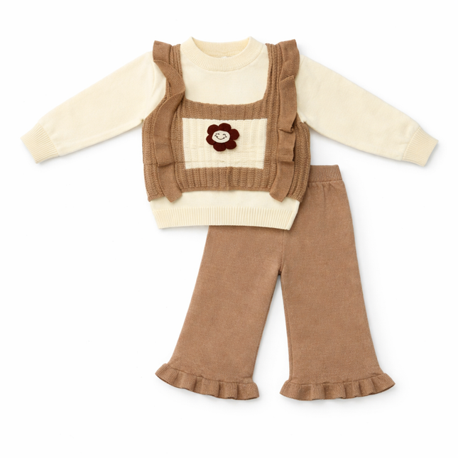 Brown & Cream Knitted Baby Top & Pants Set with Floral Patch – Cozy 2-Piece Outfit
