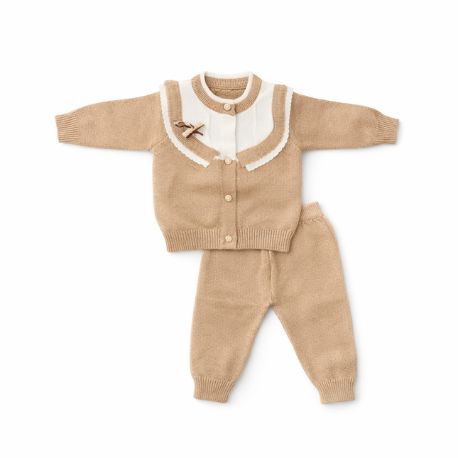 Cozy Knit Baby Outfit Set for 0–12 Months – Beige Cardigan & Pants Two-Piece Set