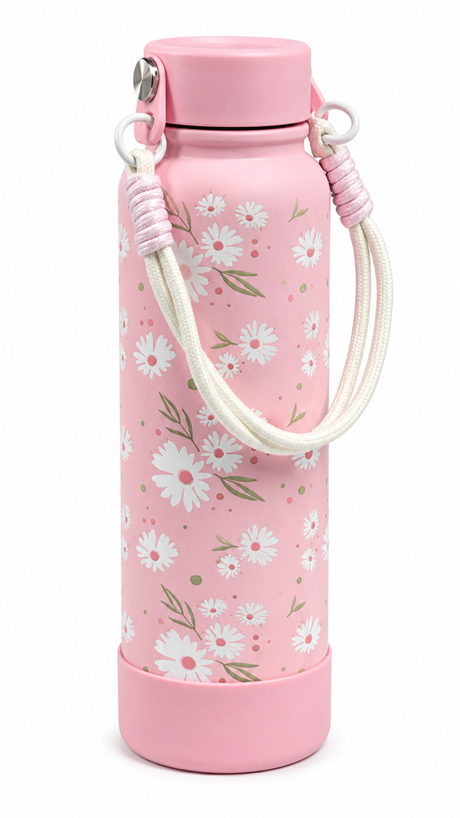 Floral Water Bottle with Carry Strap