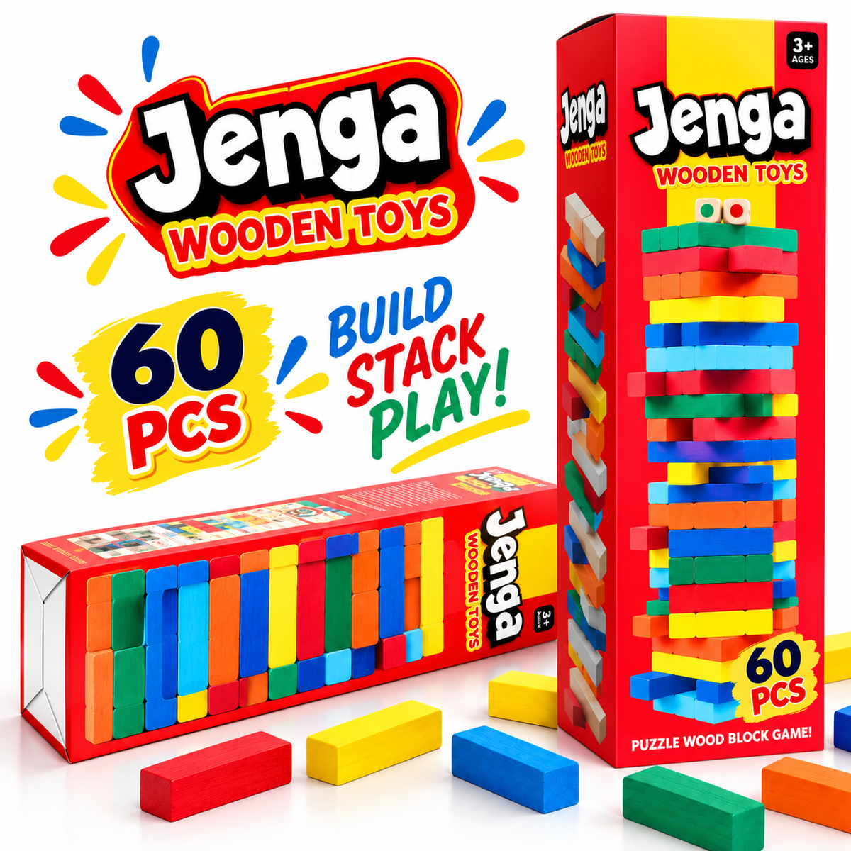 IMPORTED | 60 - Piece Wooden Jenga Tower Game